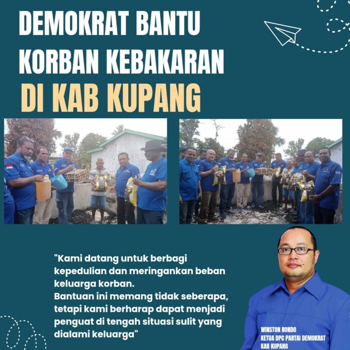 Ketua DPC Partai Demokrat Kab Kupang Winston Rondo, Sekretaris DPD Partai Demokrat NTT Sam Hake, Ketua Balitbang-Da DPD Partai Demokrat NTT, Apolonaris Gai bersama pengurus DPC Demokrat Kab Kupang saat menyerahkan bantuan kepada Marthen Benu korban kebakaran di Kabupaten Kupang, Provinsi NTT